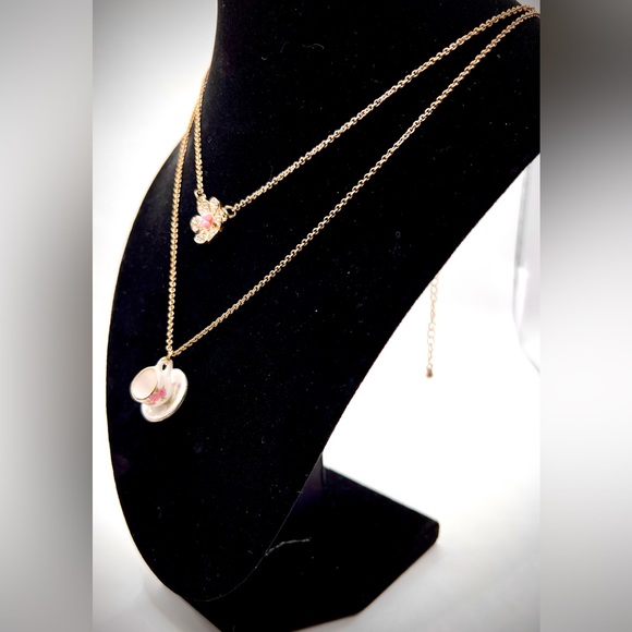 Adorable Double Gold Tone Necklace-One Designedw/Flower-the other w/Cup & Saucer - Picture 2 of 5